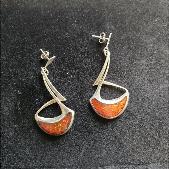 Modernist Amber & Sterling Silver Statement Earrings Abstract Crescent Design - Picture 9 of 9